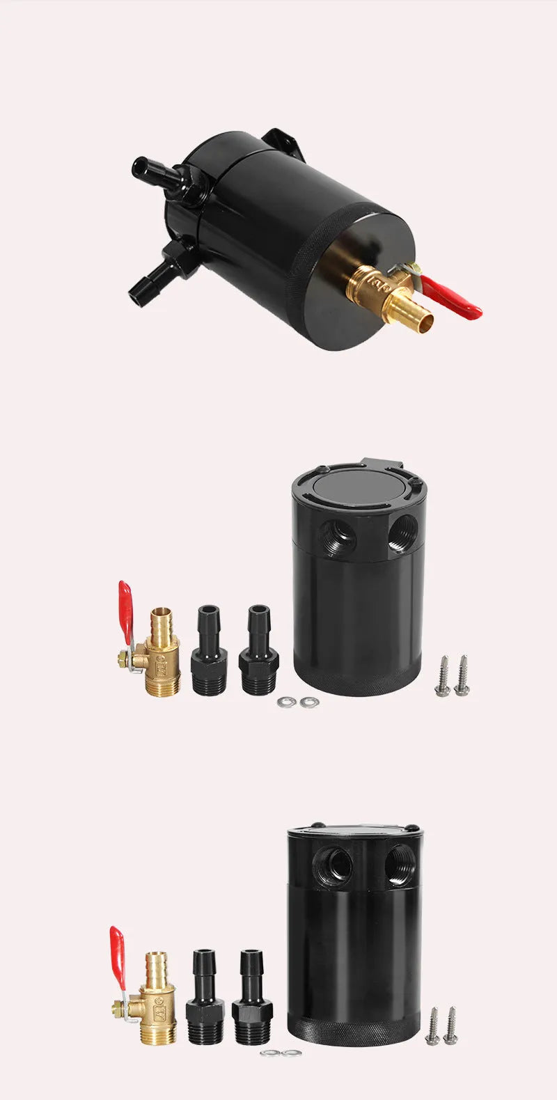 Black aluminium automotive oil pot with two-hole breather design and connectors