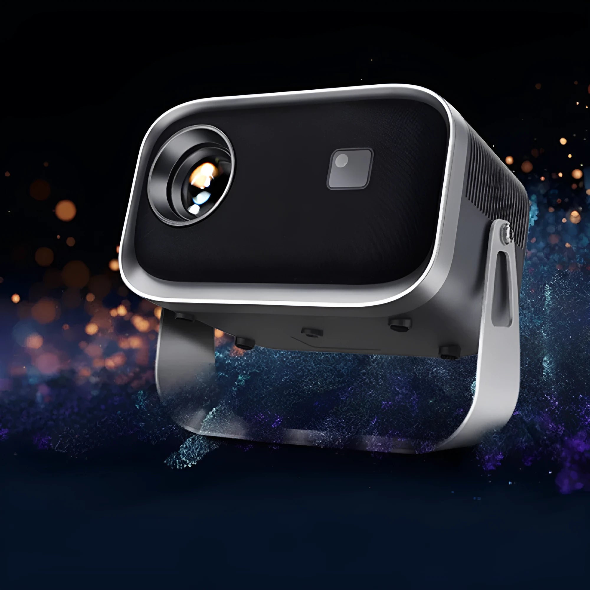 Home HD Portable Projector with bracket on table showing movie scene on wall