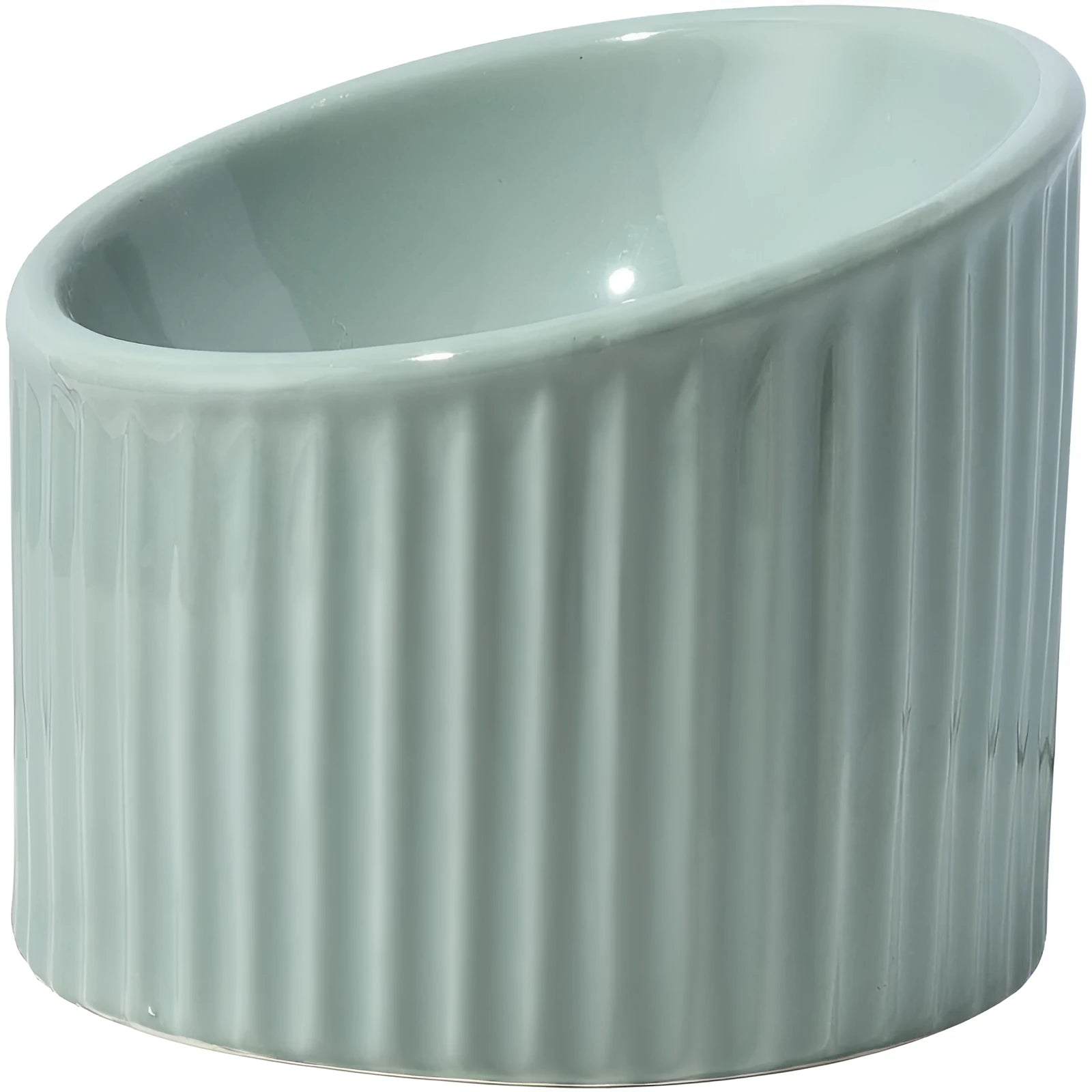 A dark green ceramic elevated cat bowl with a tilted, round design on a wooden surface.