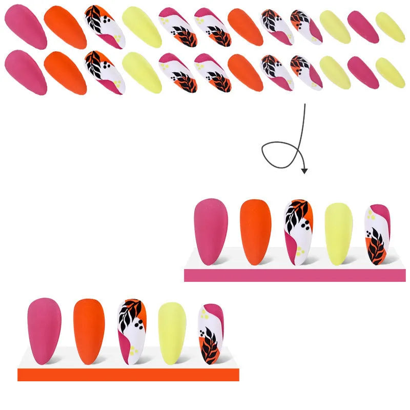 Wear Armour medium almond frosted nail stickers showing four designs: colourful leaves, leopard print, macarons, and plating.