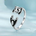 Sterling silver adjustable open ring with white gold plating and cute panda design