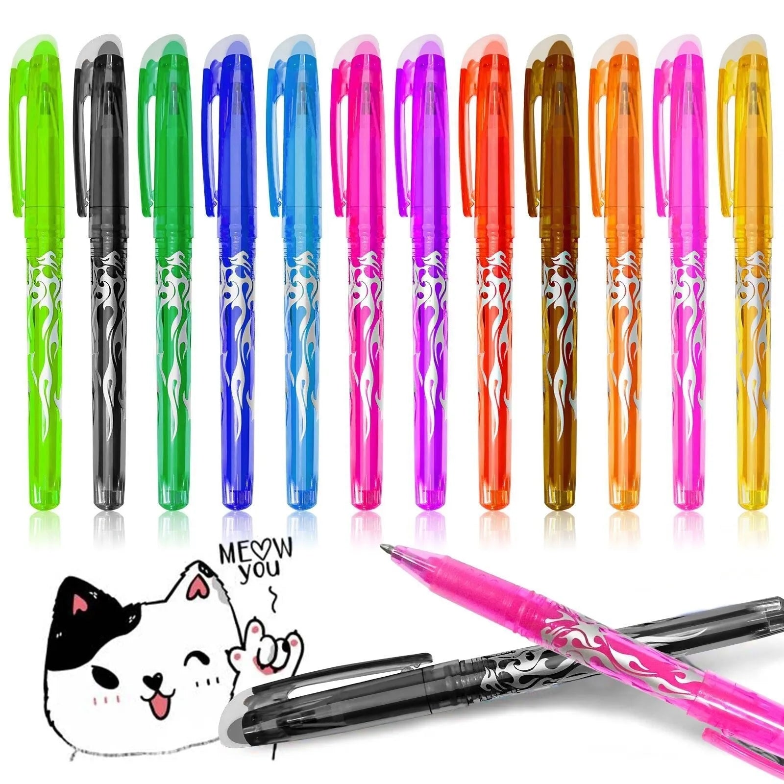 Heat-erasable gel pen set with plastic shells and stainless steel nibs in multiple colours