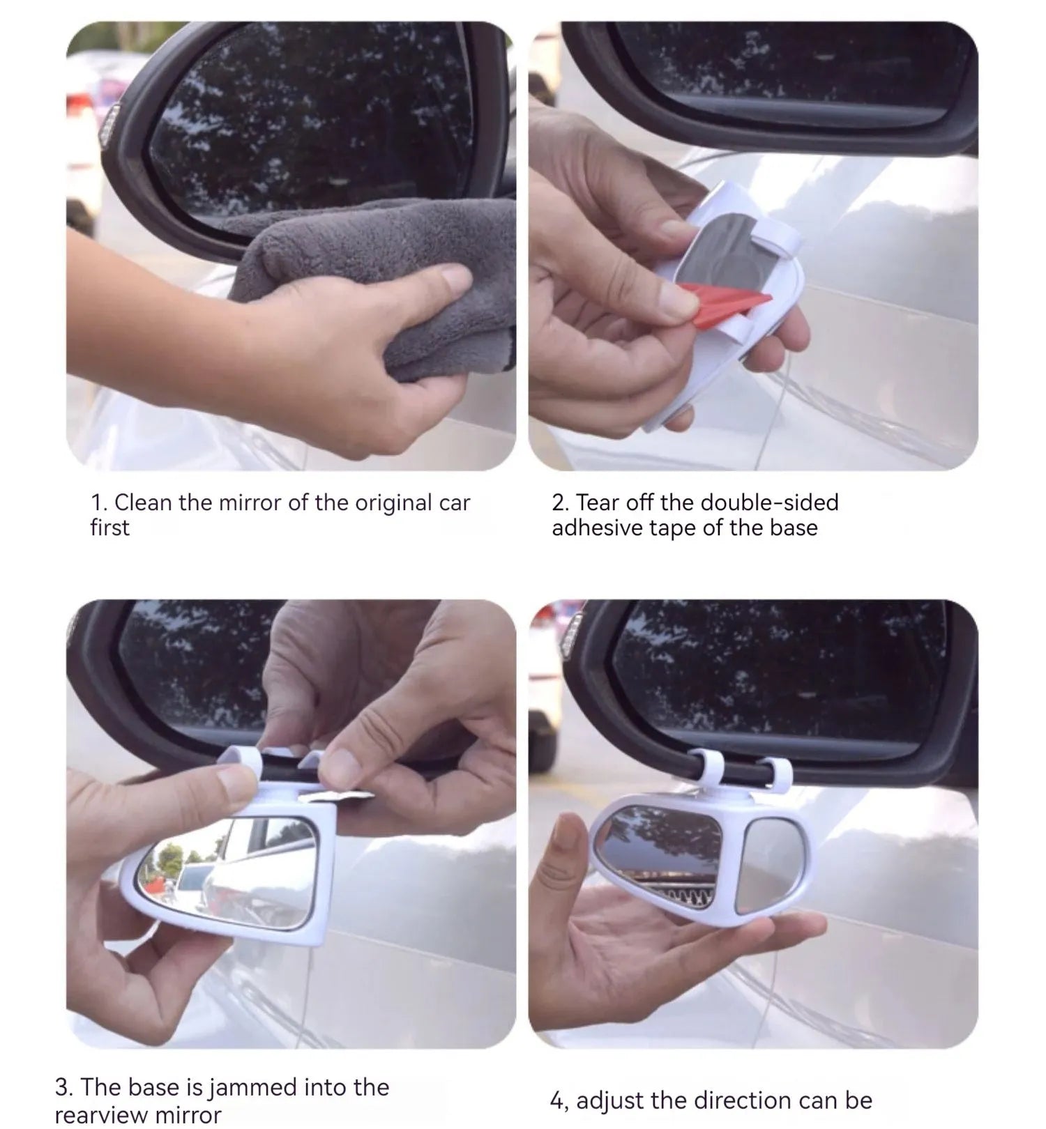 Adjustable wide-angle car reversing mirror in black, shown with adhesive backing.