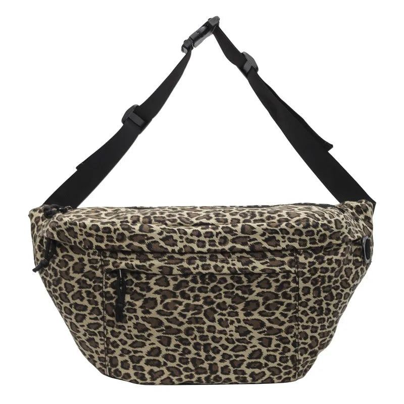 Retro leopard print patchwork canvas chest bag in khaki with soft crossbody design
