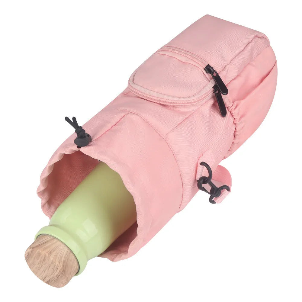 Cloth water bottle pouch with crossbody shoulder strap in black, green or pink colour