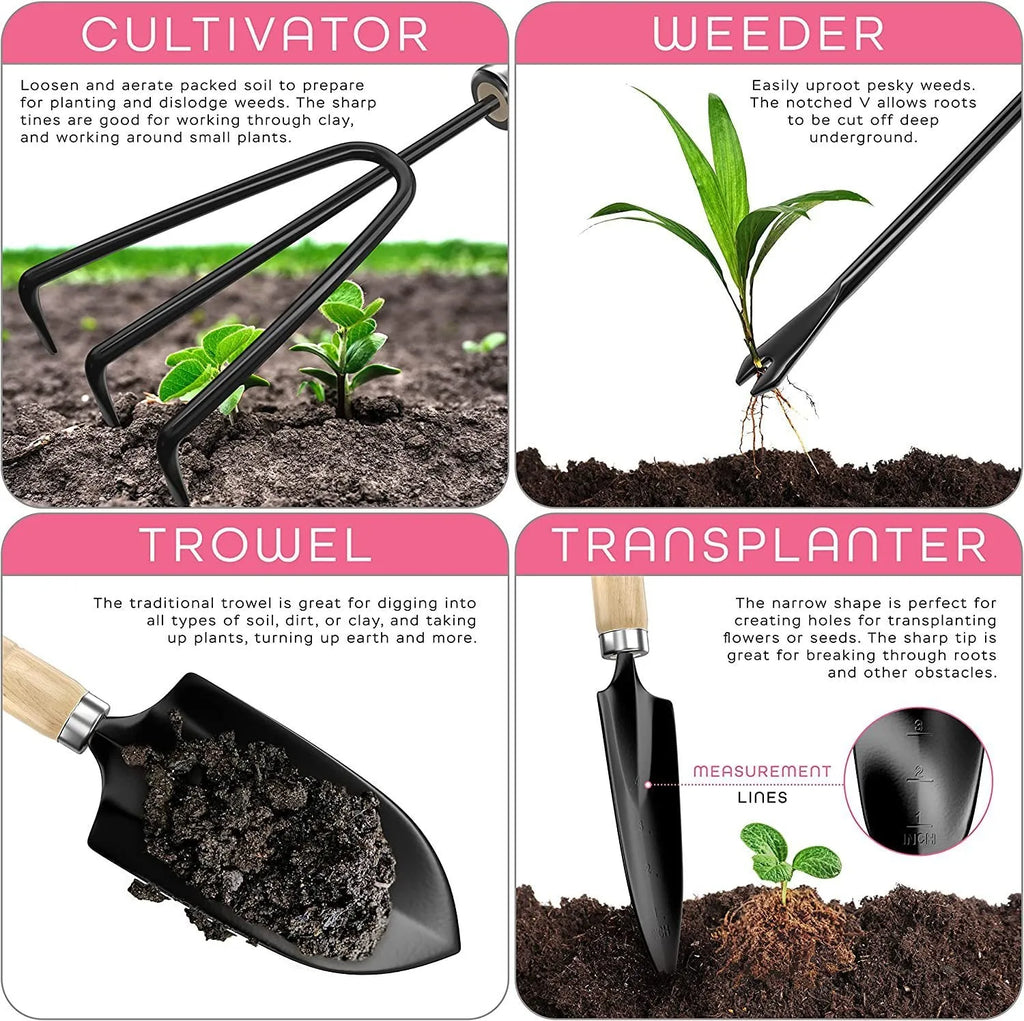 Stainless steel gardening tool set of eight pieces including trowel, weeder, fork, cultivator, snipper, and shovel
