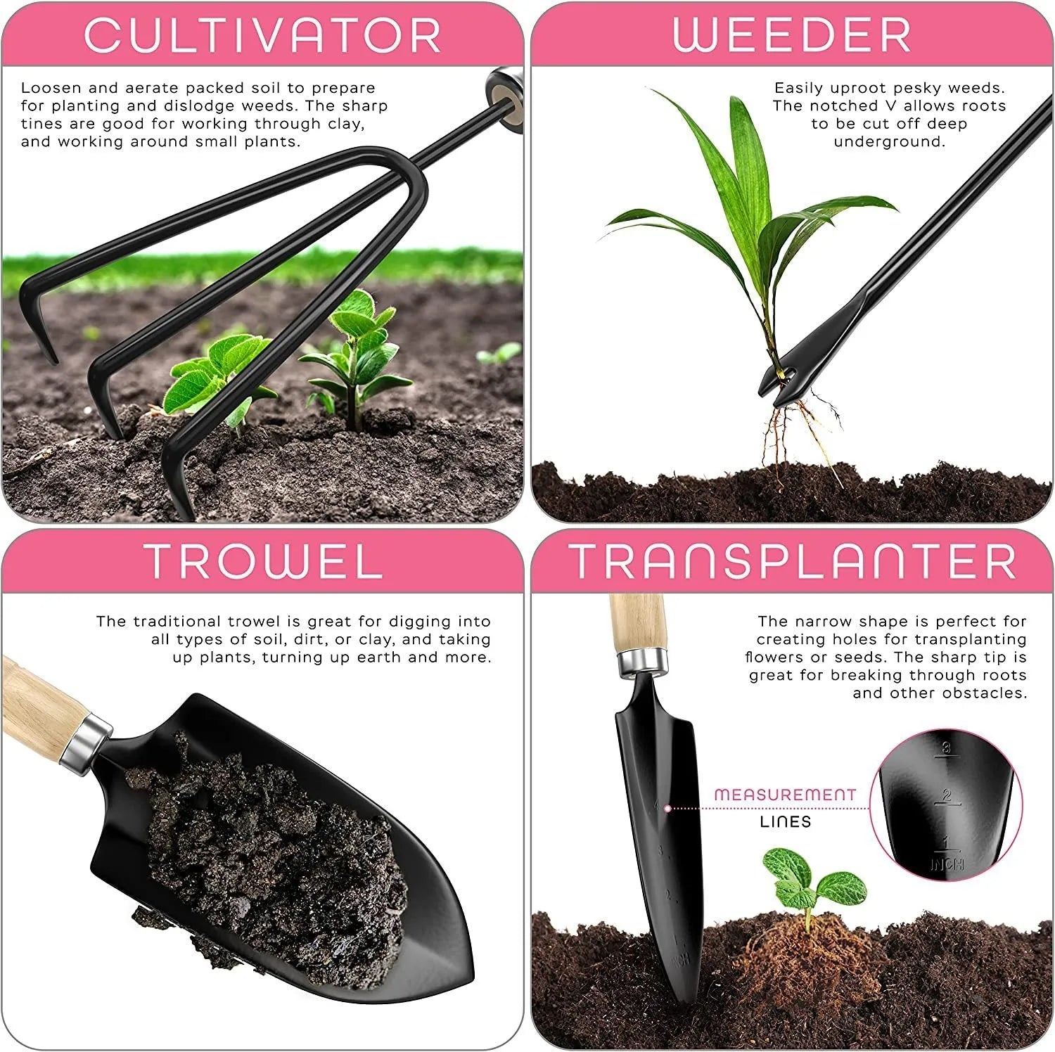 Stainless steel gardening tool set of eight pieces including trowel, weeder, fork, cultivator, snipper, and shovel