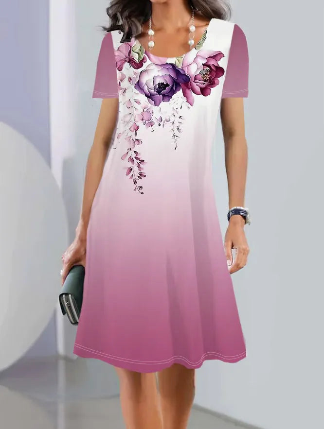 Women's mid-length dress with botanical floral print in ice silk fabric, A-line silhouette with short sleeves