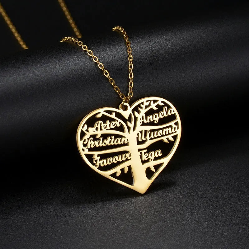 Personalised stainless steel necklace with hollow heart and family tree pendant customised with names.