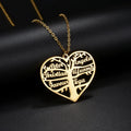 Personalised stainless steel necklace with hollow heart and family tree pendant customised with names.