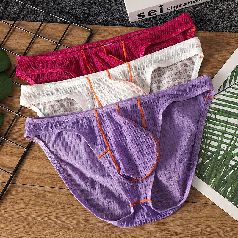 Men's ice silk lace low waist briefs for sports in solid colours.