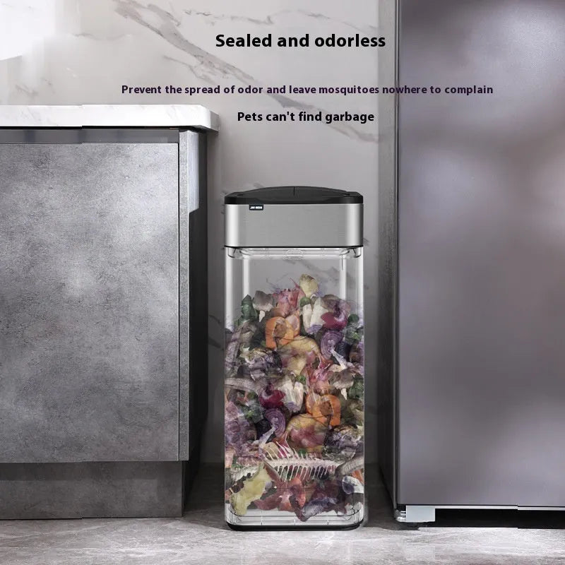 Stainless steel inductive smart ashbin with square shape and touch-free lid.