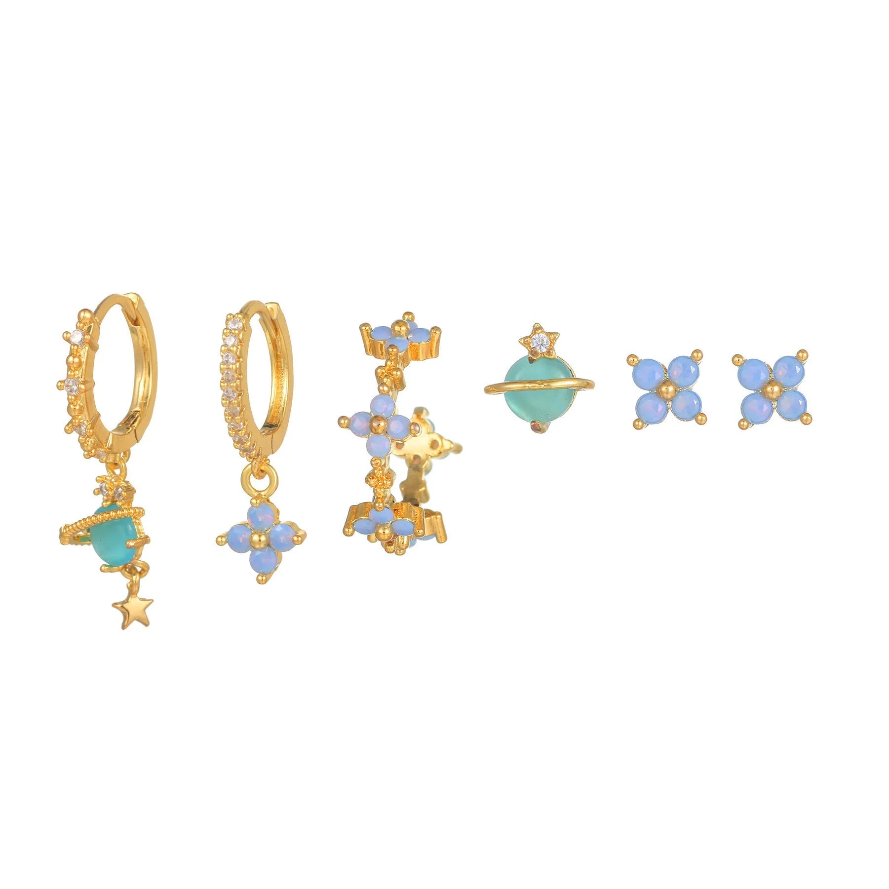 Japanese Korean style flower earrings with zircon mosaic on copper in gold and silver colours