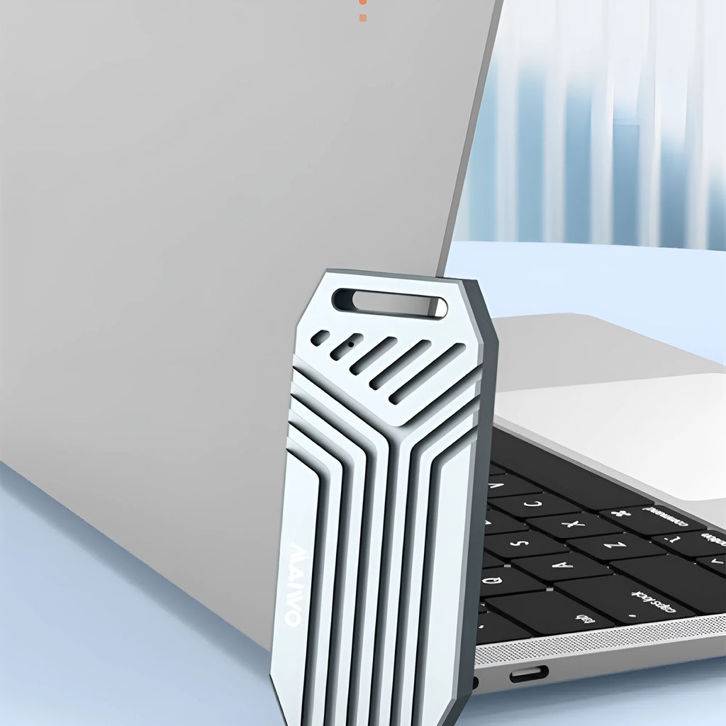 Aluminium external hard drive enclosure for M2 Mac, shown in silver and grey finishes, with 40Gbps label.