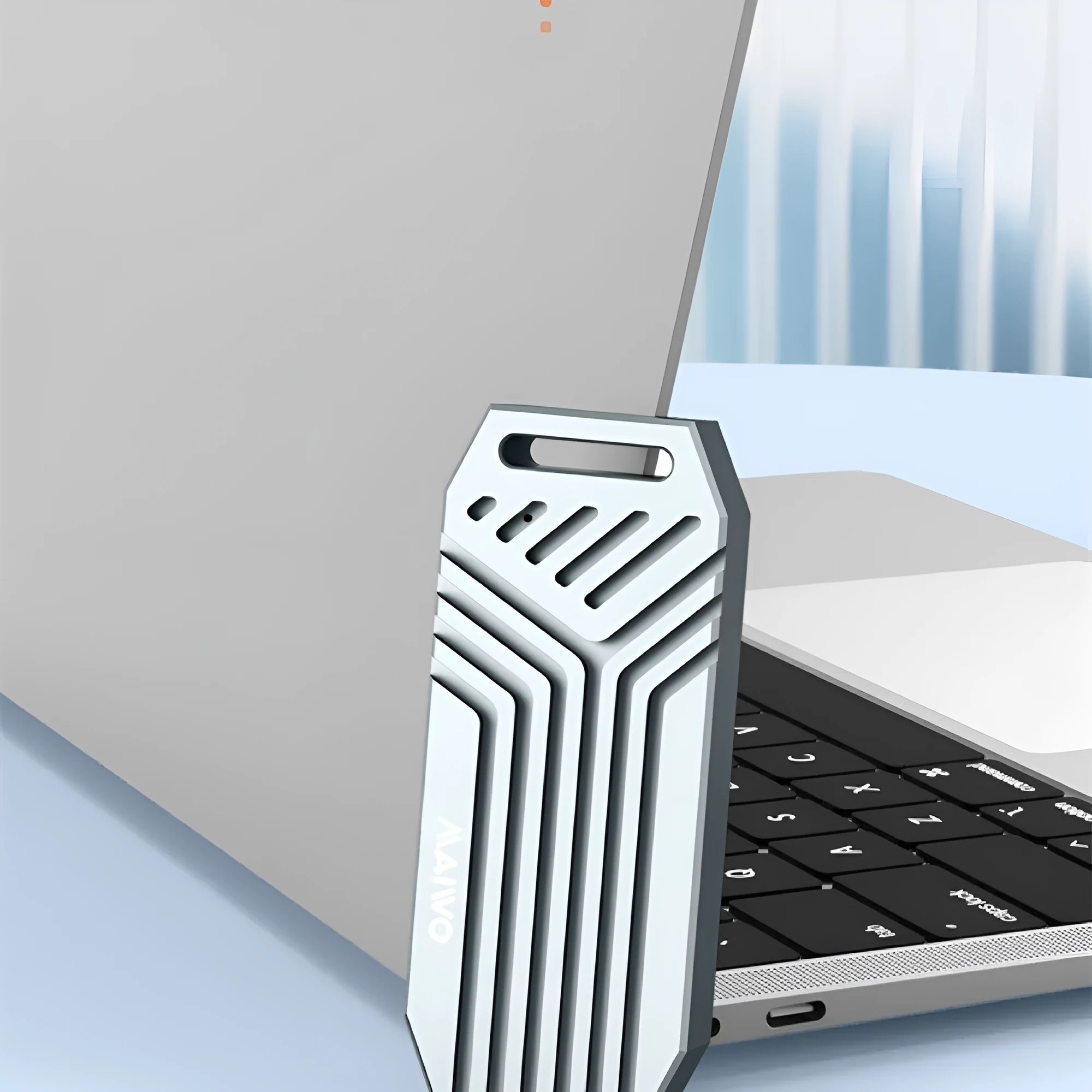 Aluminium external hard drive enclosure for M2 Mac, shown in silver and grey finishes, with 40Gbps label.