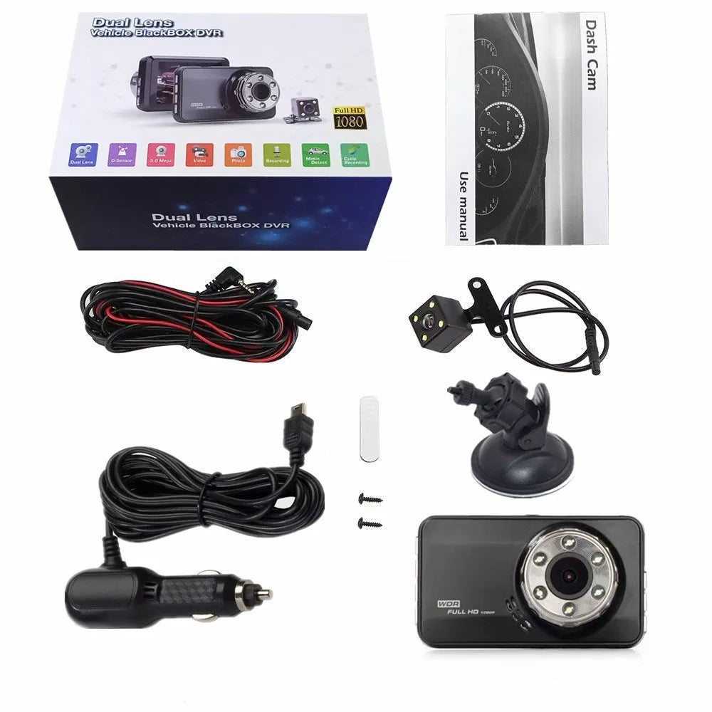 T638+ dual-lens car driving recorder with 170° wide angle lens hidden behind rearview mirror black
