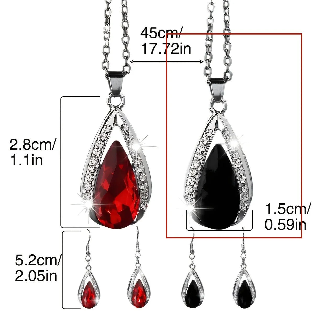 Black and red alloy water droplet pendant necklace and matching earrings jewellery suite.