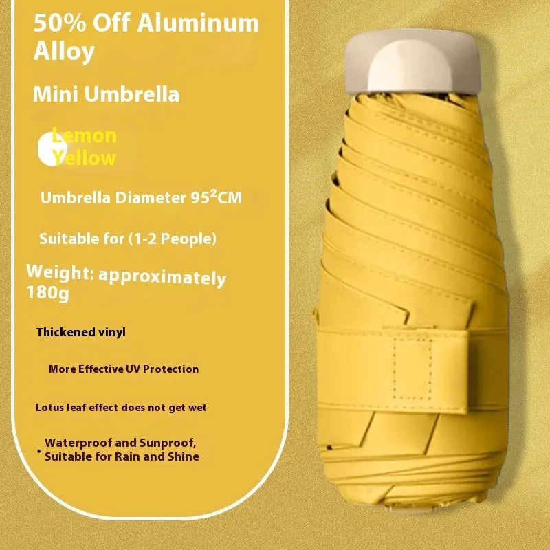 Five-fold compact umbrella with gradient vinyl canopy and manual open handle.