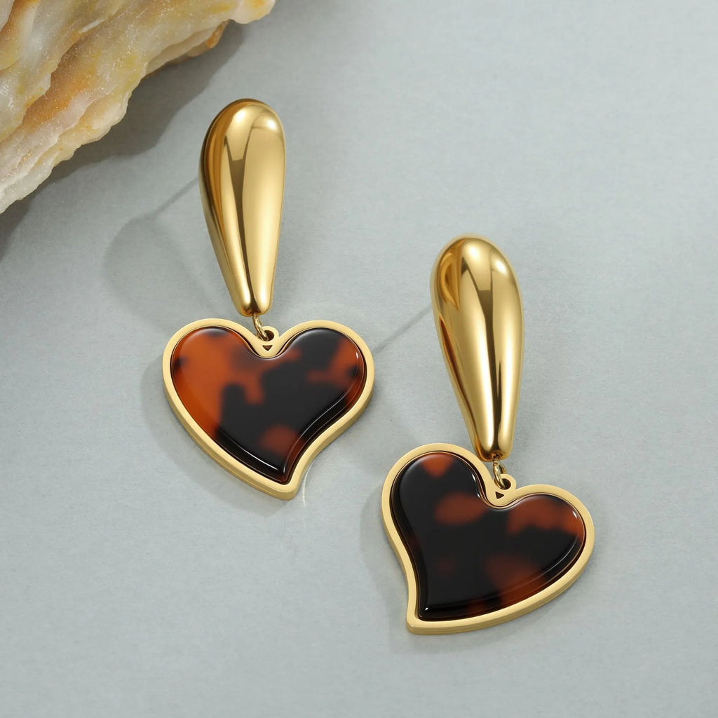 Gold-plated stainless steel earrings with tortoiseshell resin hawksbill patterns in heart and flower designs