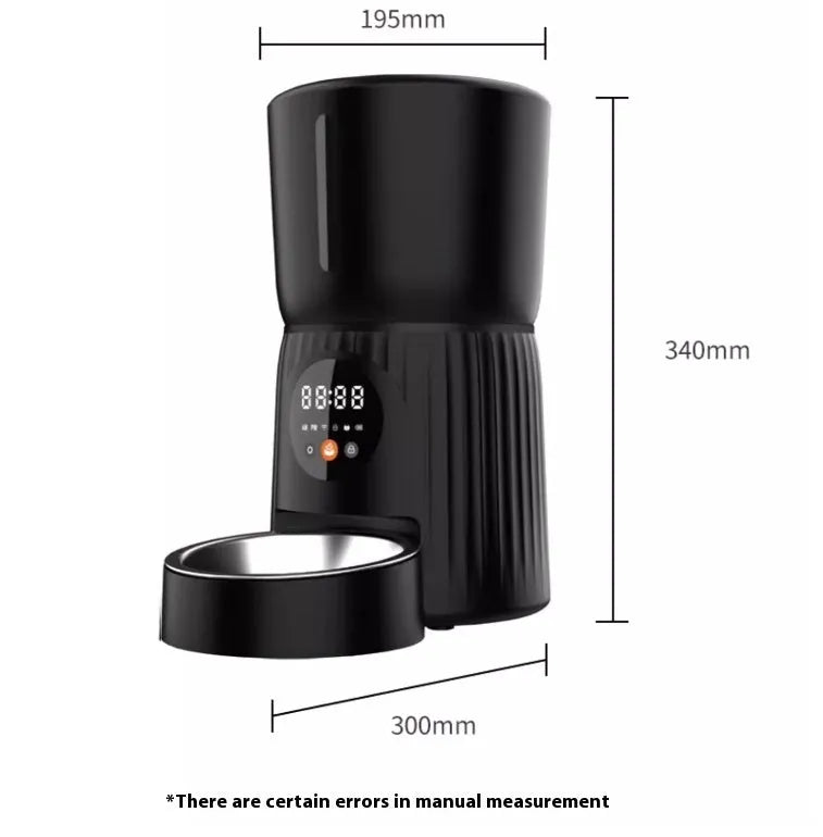 Black intelligent pet feeder with digital display and food container for automatic timed feeding