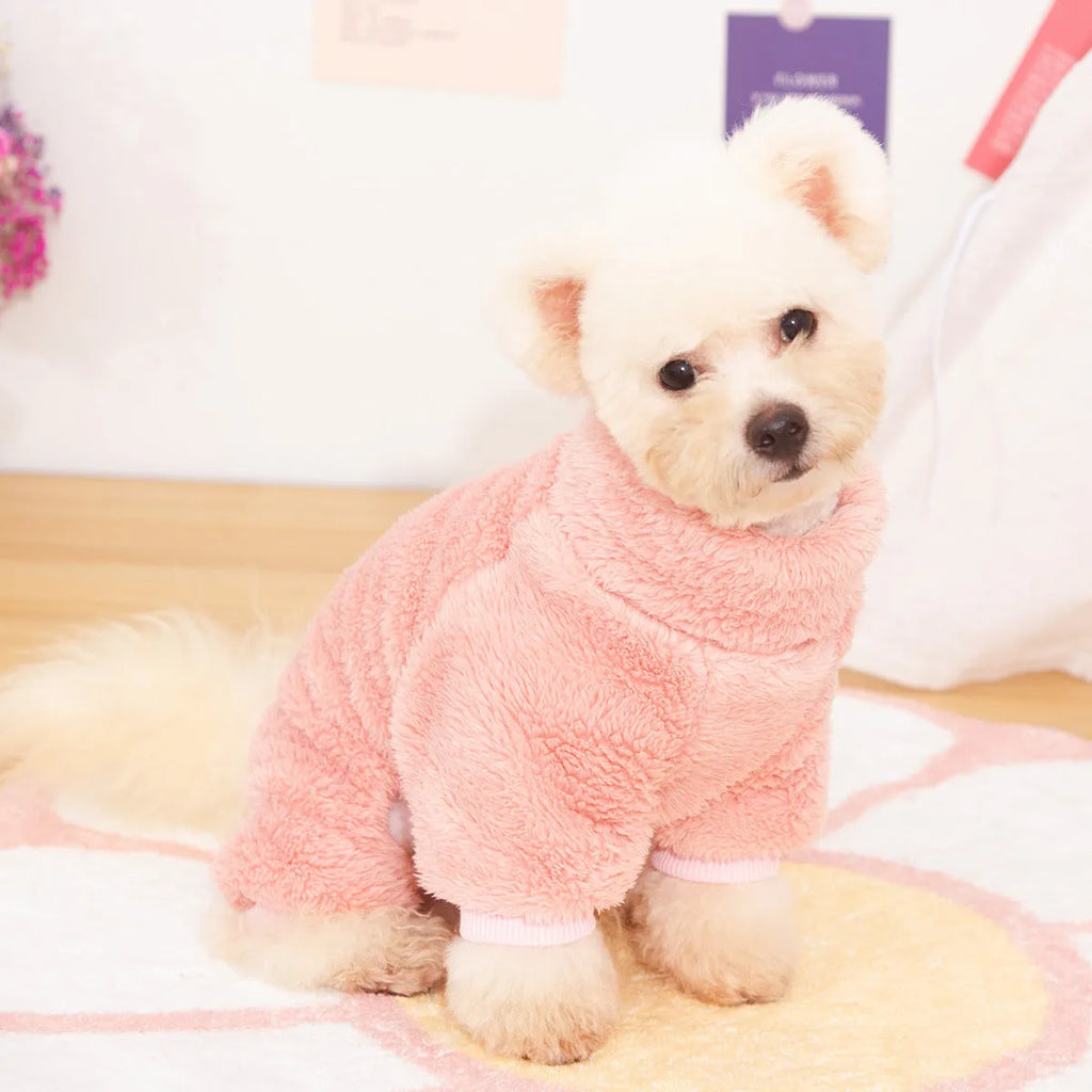 Khaki four-legged dog clothes with high collar and towing ring made of double-sided plush fabric