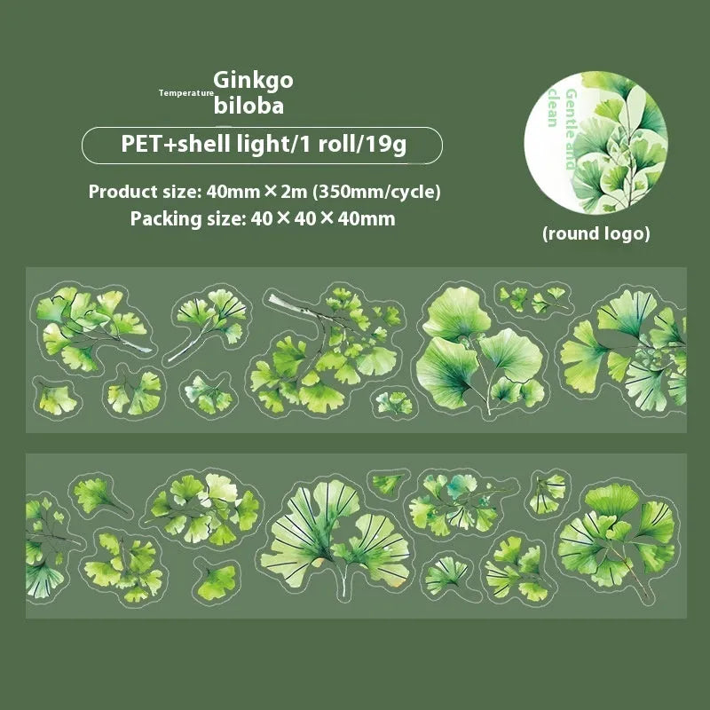 Deciduous Poetry Series PET decorative sticker roll showing six autumn leaf colour designs on 40mm wide material