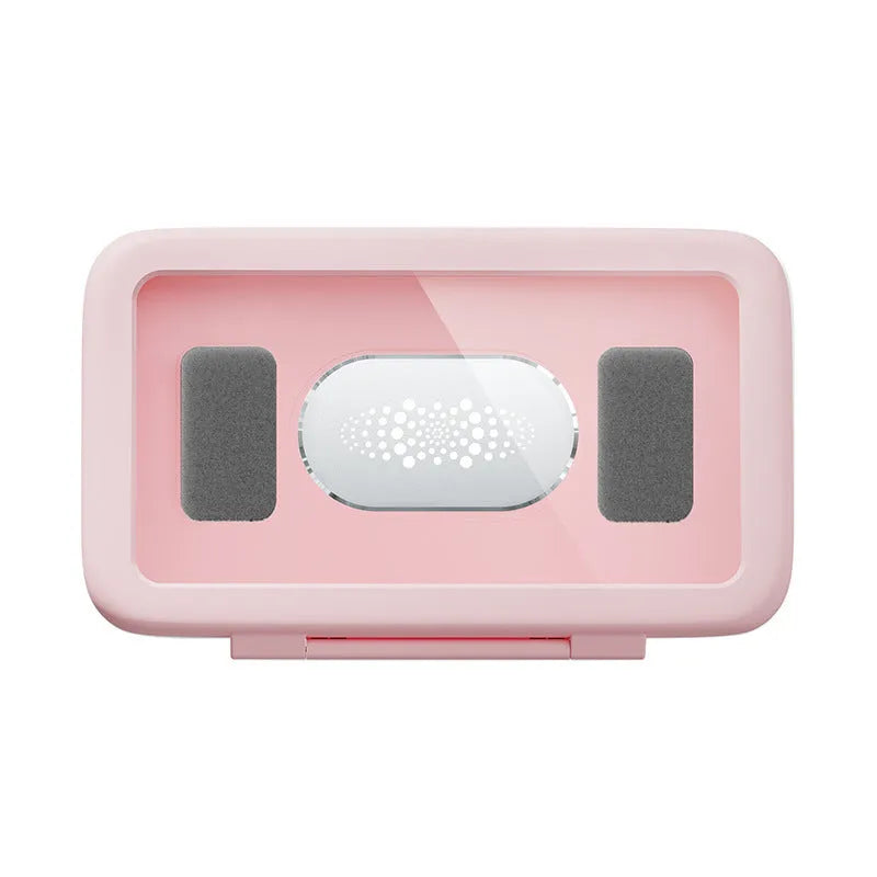 Bathroom waterproof phone case in Crescent White showing sealed touch screen and anti-fog window mounted on a tiled wall