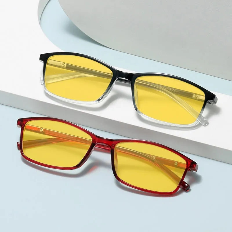 Retro small frame night vision anti-blue ray plain glasses with bright black frame on a white background