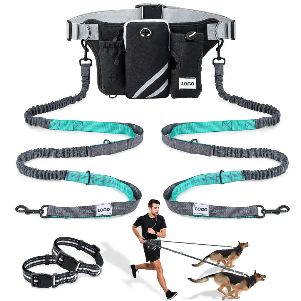 Black nylon outdoor pet training waist bag set with dog leash and collar for hands-free walking