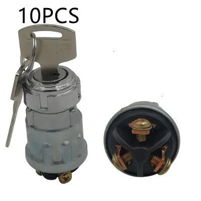 Pure copper vehicle ignition switch lock with matching key on a white background.