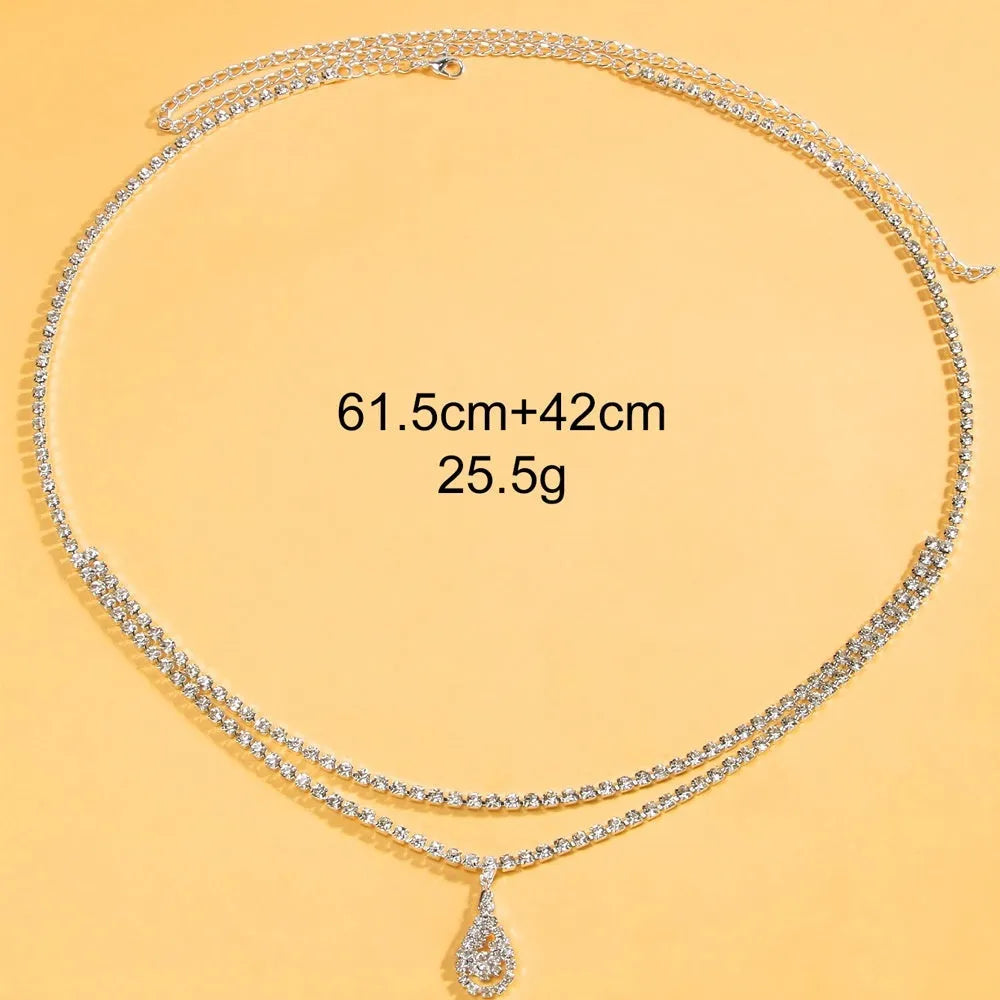 Gold waist chain with rhinestone water drop pendant and adjustable lobster clasp