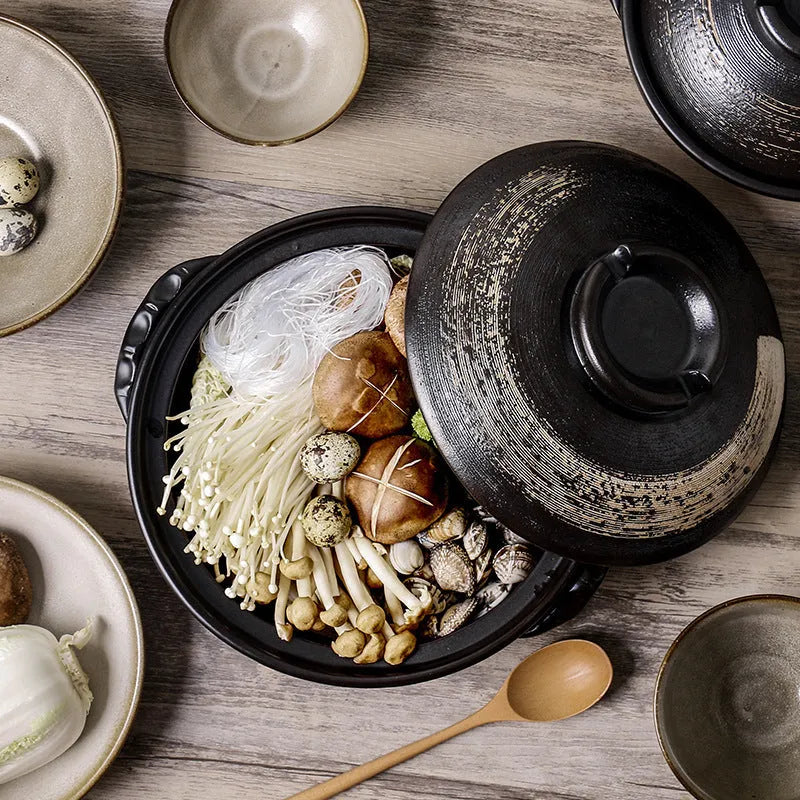 Ceramic clay pot rice casserole with lid, 8cm depth, uncoated interior for gas stove cooking