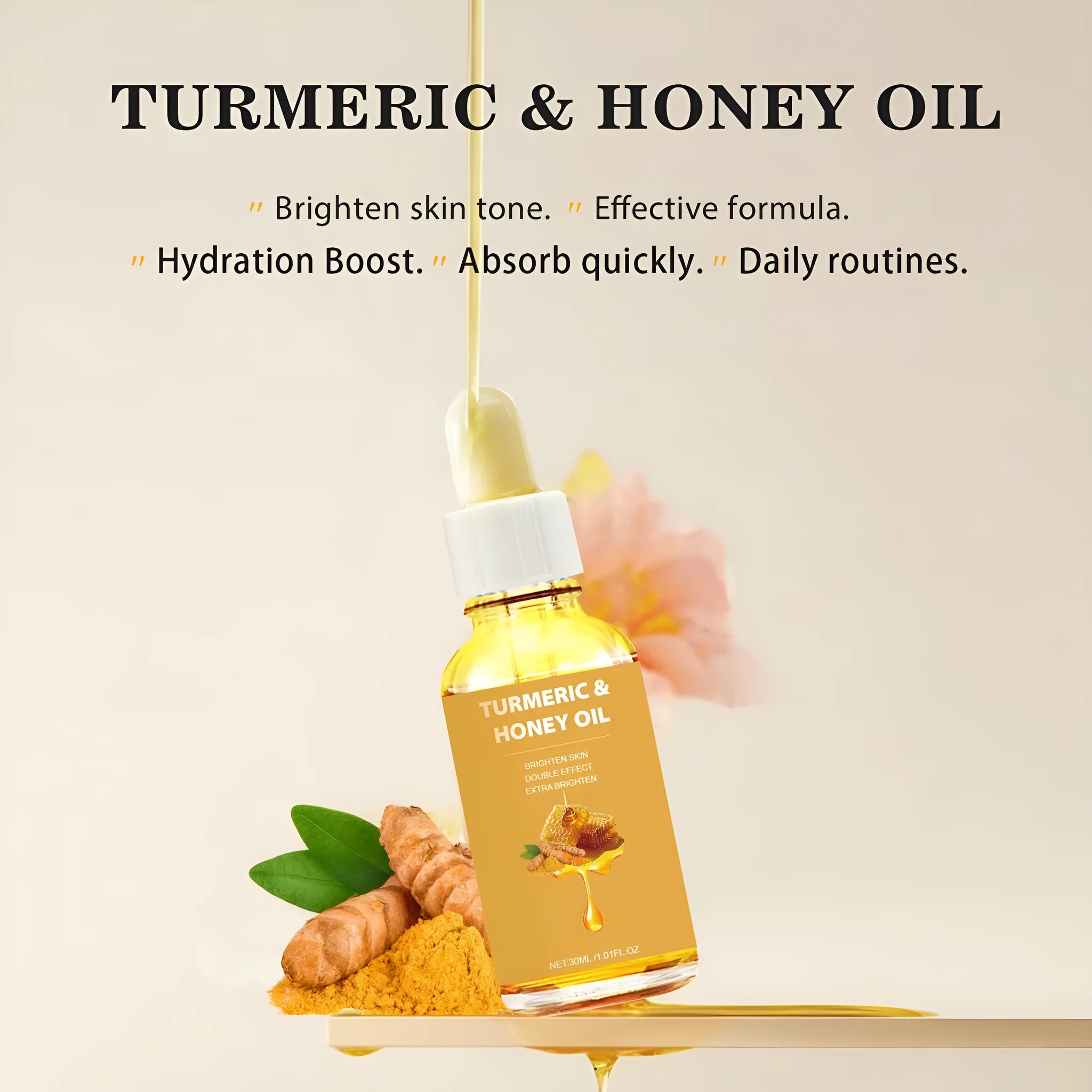 30ml turmeric honey essential oil bottle in white packaging for facial skincare