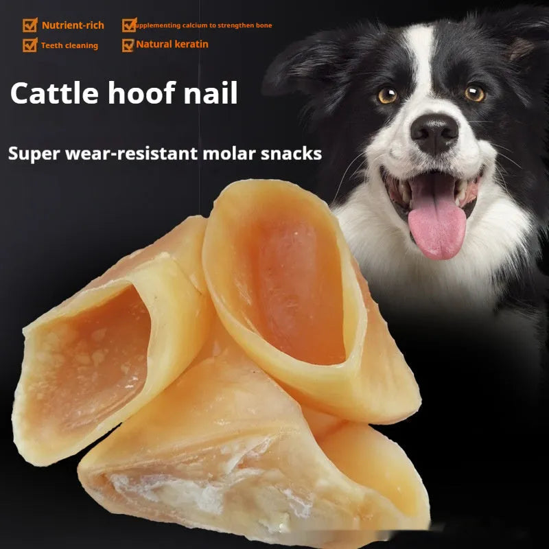 Natural cowhide dog chew stick in hoof shell colour, small and large sizes for dental care