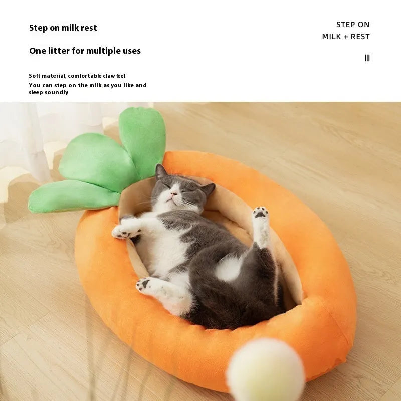 Carrot-coloured cartoon pattern double-sided dog mattress with removable cloth cover.