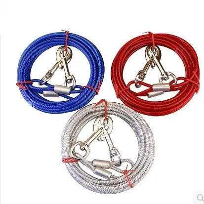 Hand holding rope iron chain double-headed dog leash for two dogs, steel wire, blue colour, 5mm size