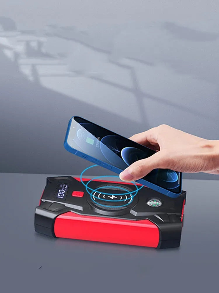 Red car emergency start power bank with thick jumper clips showing 39800W output and compact 190mm design