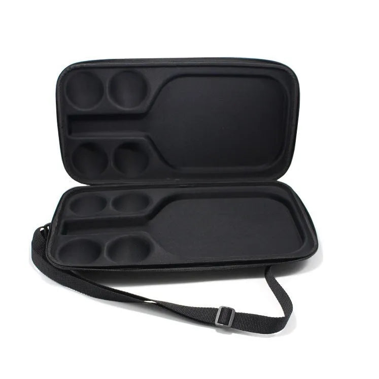 Black EVA pickleball racket carrying case with shoulder straps, showing size and storage for one racket and four balls.