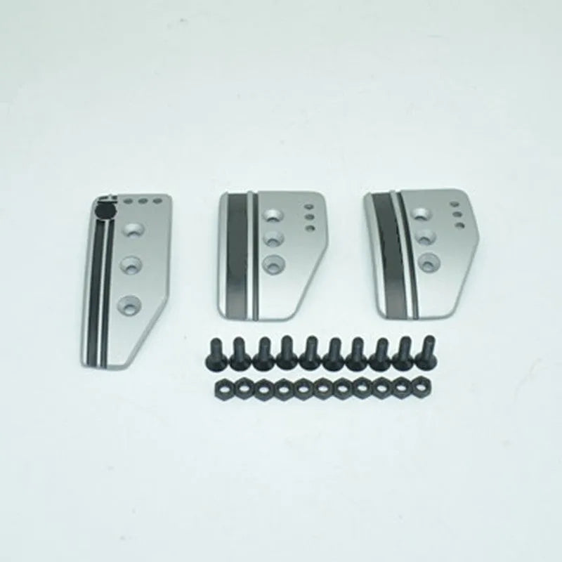 Aluminium alloy manual transmission car pedal set showing brake, accelerator and clutch pedals with installation hardware