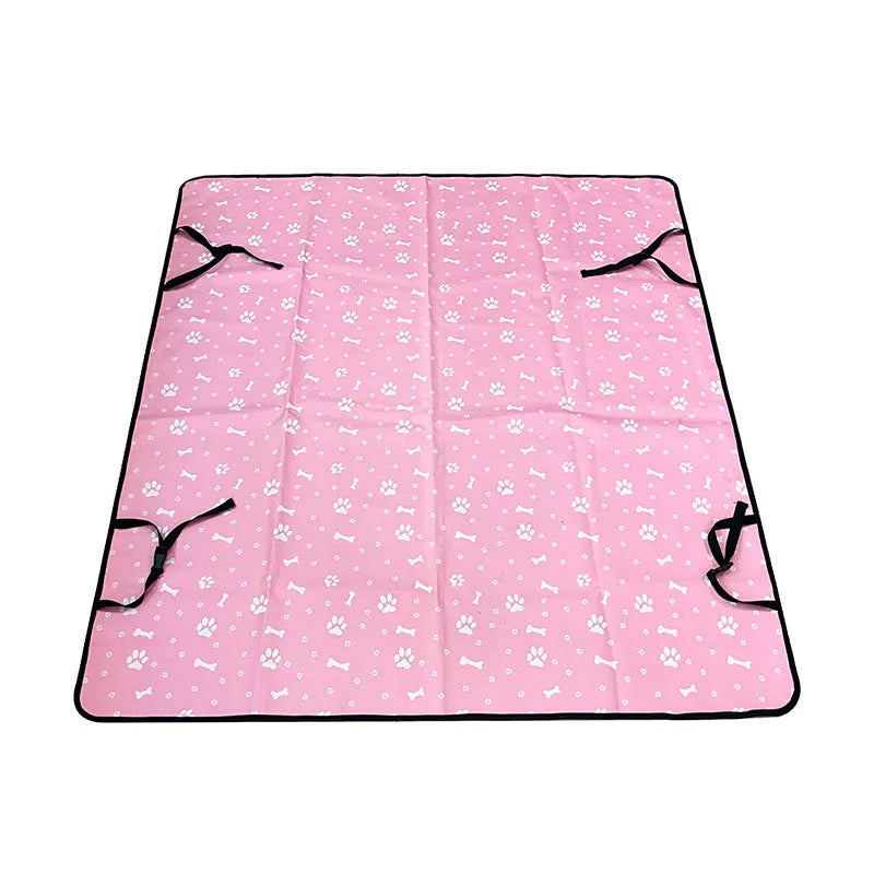 Grey dog bone print water resistant car pet mat measuring 140x110cm on a car rear seat.