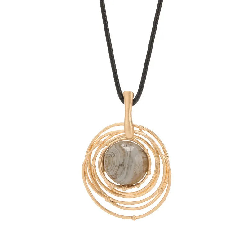 Women's gold geometric plaid alloy pendant necklace on snakeskin wax rope chain with adjustable 51-80cm length