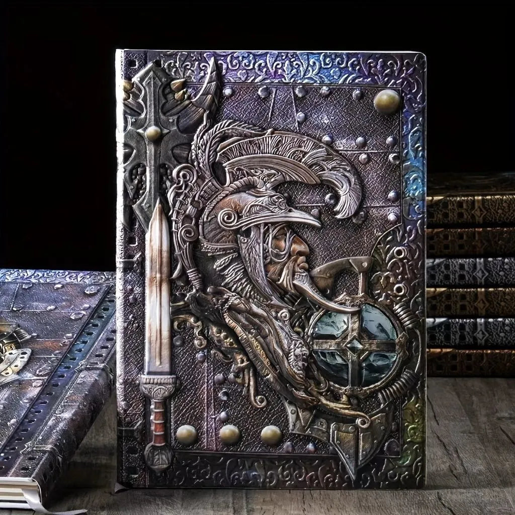 Handmade A5 leather notebook with 3D Warriors relief embossed design in metallic colours