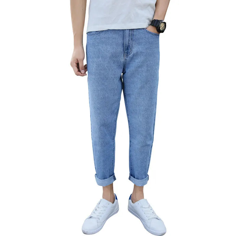 Men's straight leg cotton jeans in black and blue colours on a size chart background.