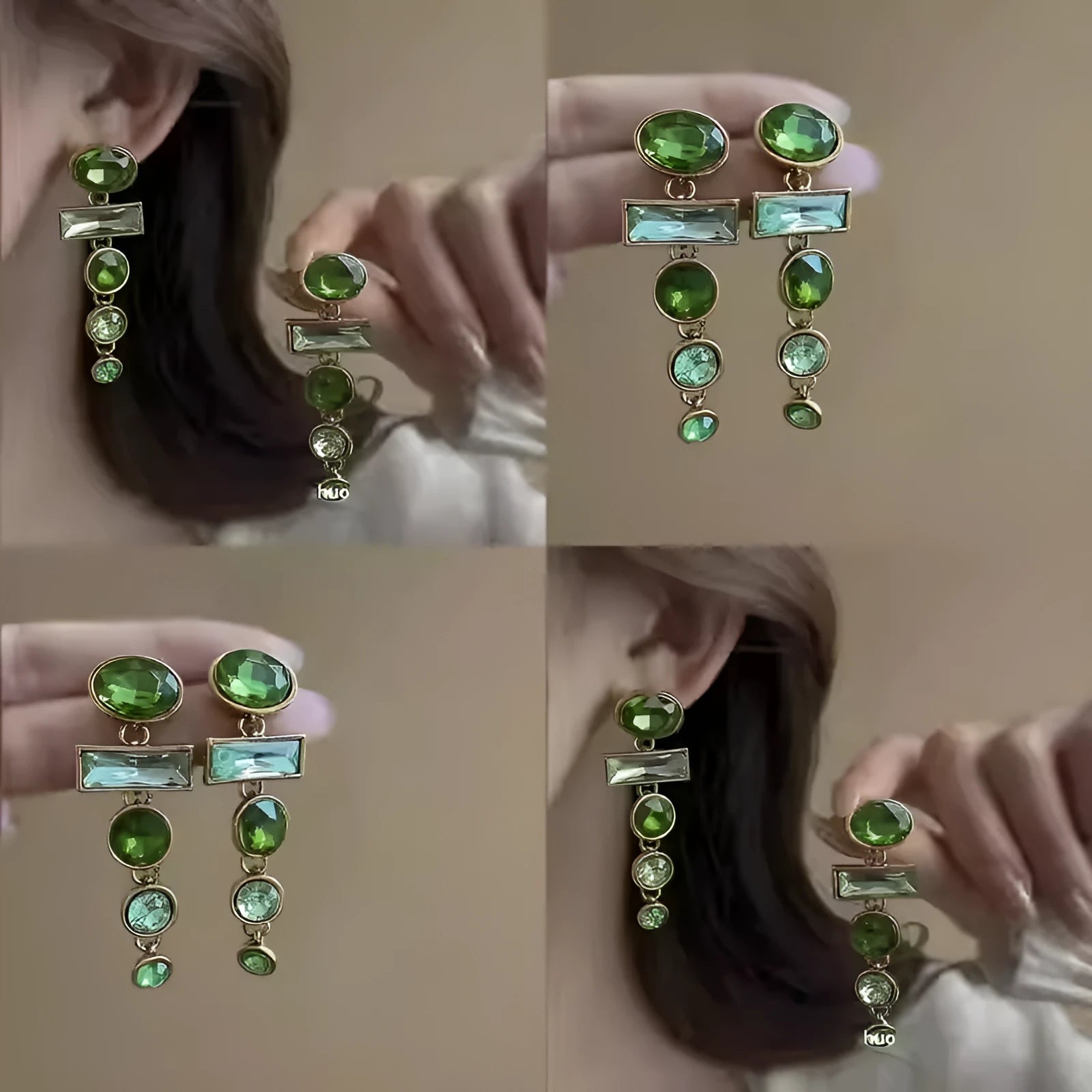 A pair of green gradient tassel earrings with geometric alloy settings and inlaid zircon stones.