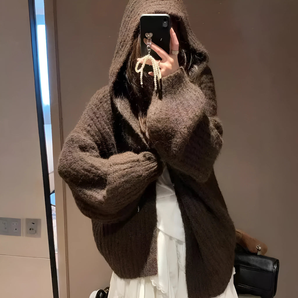 Brown women's loose-fit hooded sweater cardigan with regular sleeves on a hanger