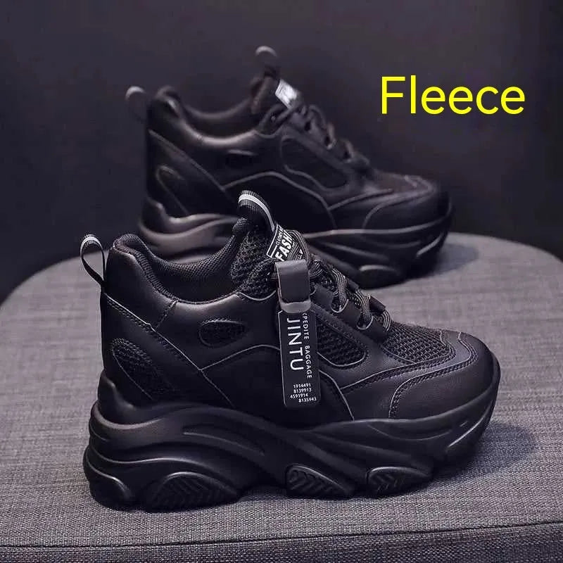 Women's black casual platform shoes with mesh upper and hollow-out design featuring toe holder