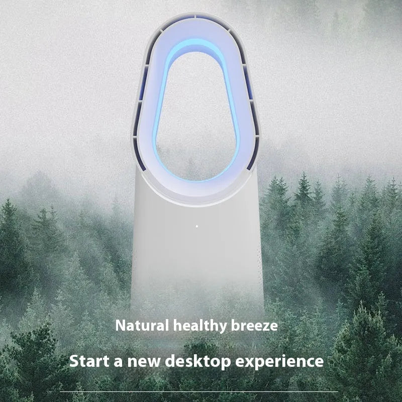 White bladeless tower floor fan with USB port and touch screen controls on a sleek column.