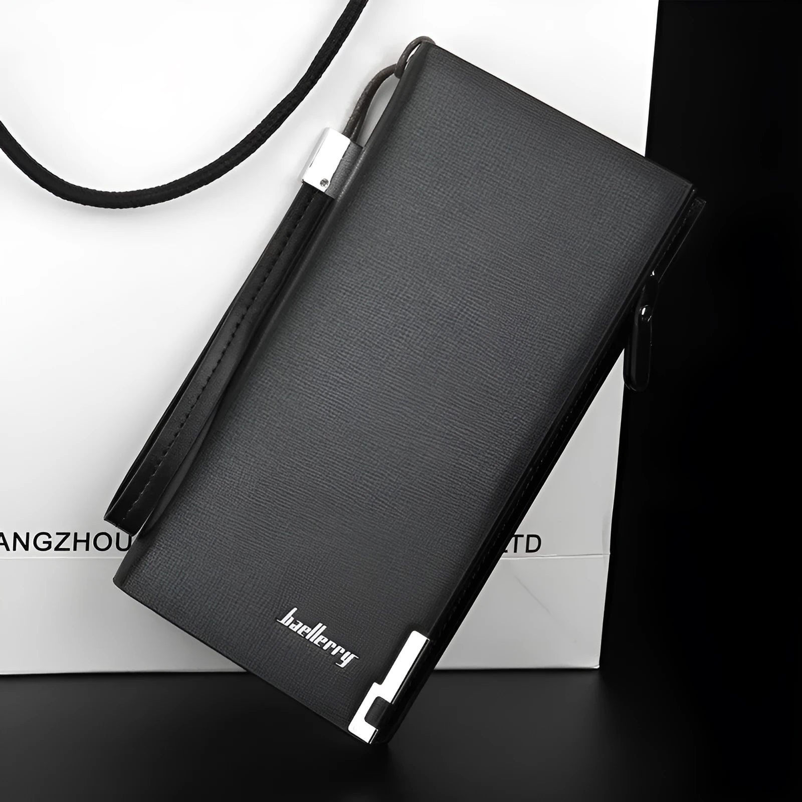 Men's long black PU leather wallet with a silver zipper closure