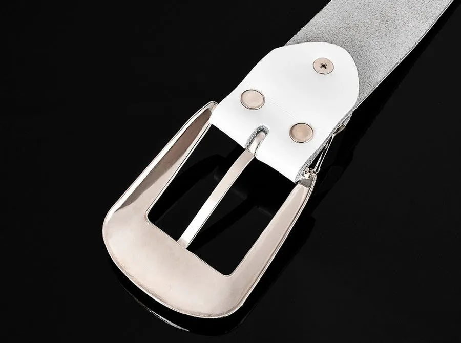 Leather ladies belt with diamond-studded cowhide pin buckle, alloy D-shape buckle, rhinestone mosaic, two-layer cowhide