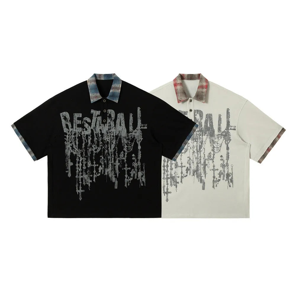 Men's asymmetric graffiti print cotton top in loose street style with short sleeves